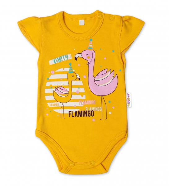 Baby Nellys Bavlnené dojčenské body, kr. rukáv, Flamingo - horčicove, veľ. 68