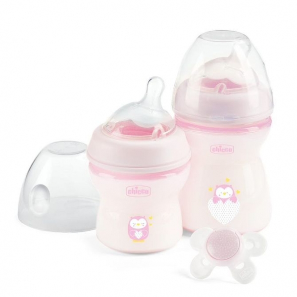 Darčekový set 2x Fľaštička+cumlík Comfort 0m+, Sovička Chicco, ružový