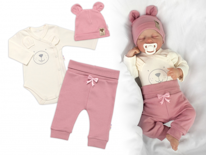 Zavinovacie body dl.rukáv, tepláčky a čiapočka Little Bear, Baby Nellys, púdrová, veľ. 68