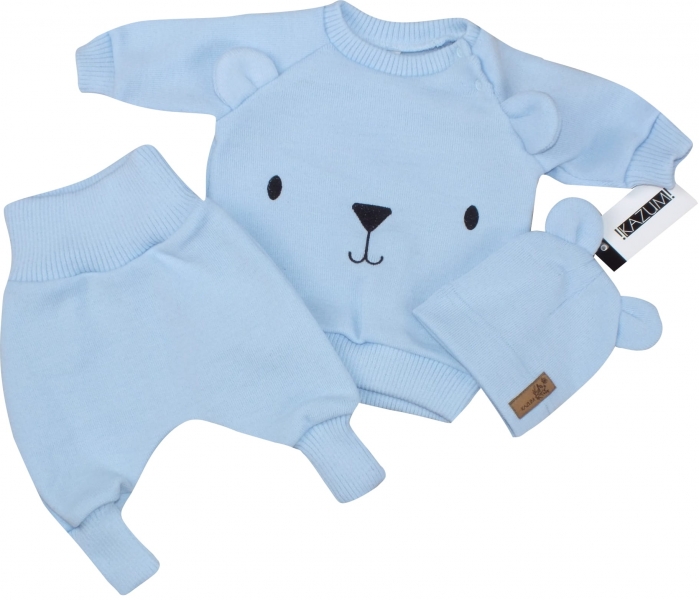 Pletená dojčenská sada 3D Medvedík, svetrík, tepláčiky + čiapočka Kazum, modrá, veľ. 74