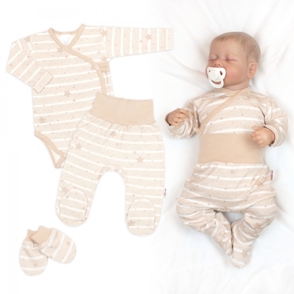 Zavinovacie body, polodupačky + rukavičky, 3D bavl. sada Baby Stars, pastel beige, veľ. 62